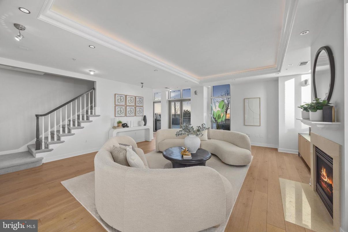 Fireplace, Interior, Living room, Recessed Lighting, Wood Texture Flooring