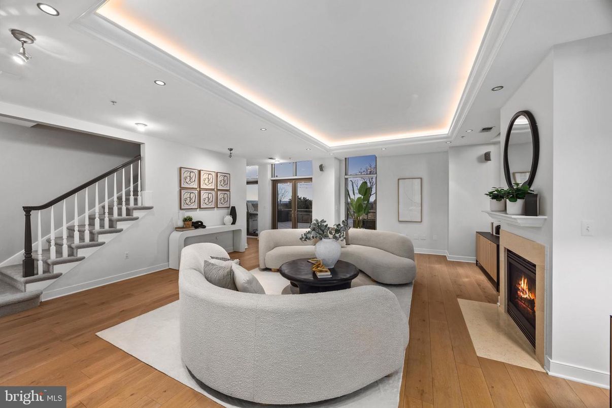 Fireplace, Interior, Living room, Recessed Lighting, Wood Texture Flooring