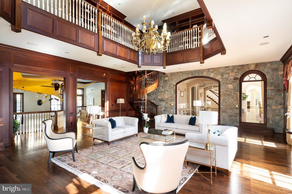 Chandelier, Interior, Living room, Recessed Lighting, Stone Walls, Wood Texture Flooring, Wooden Walls