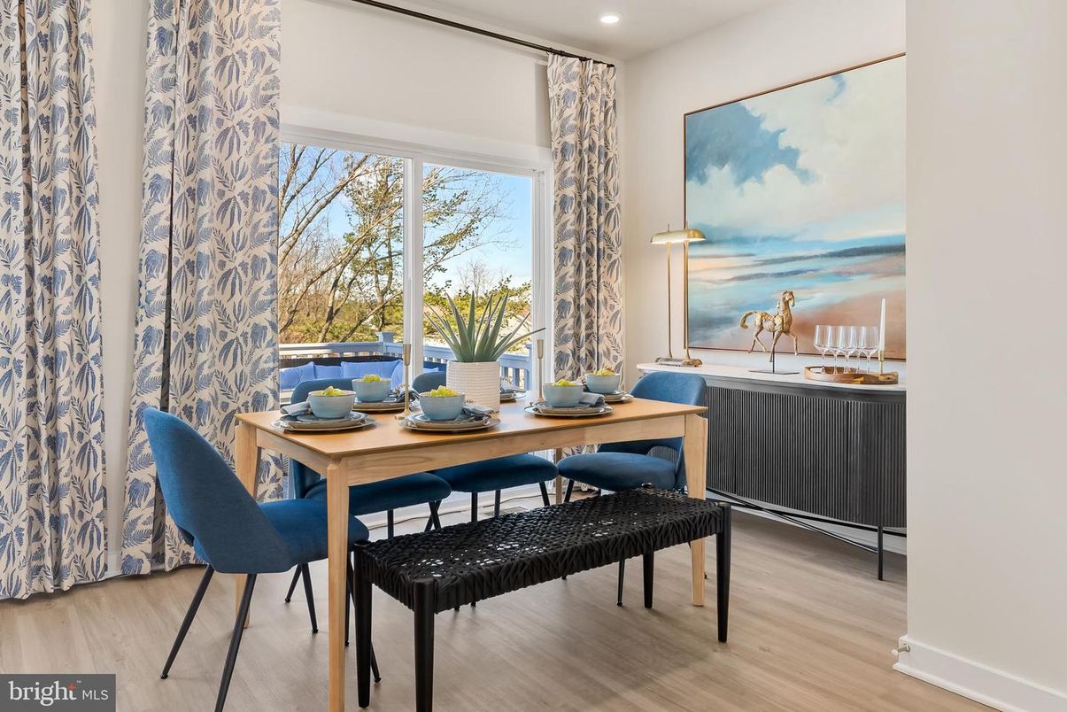 Dining room, Interior, Pendant Lights, Recessed Lighting, Wood Texture Flooring