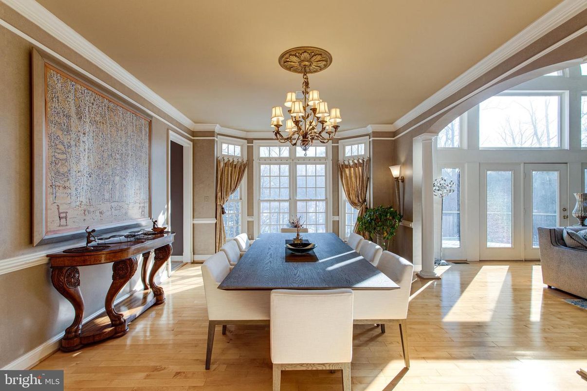 Chandelier, Dining room, Interior, Wood Texture Flooring