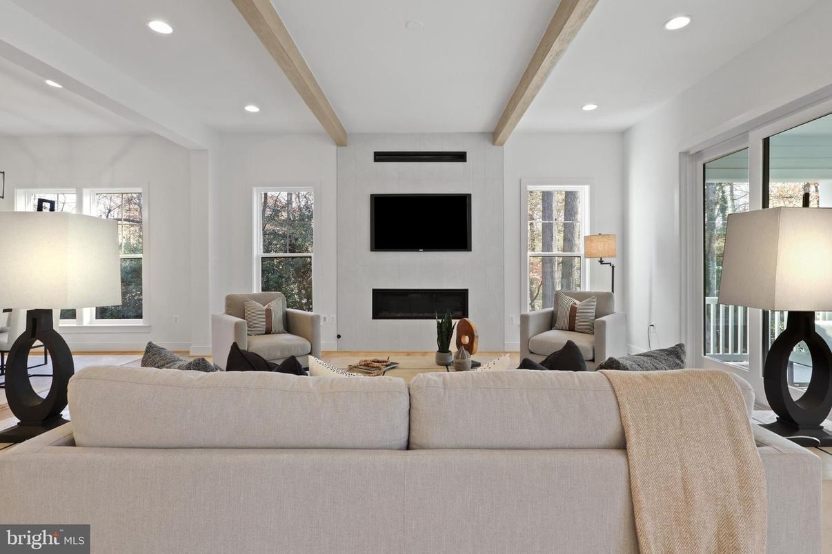 Fireplace, Interior, Living room, Recessed Lighting, Wooden Beams