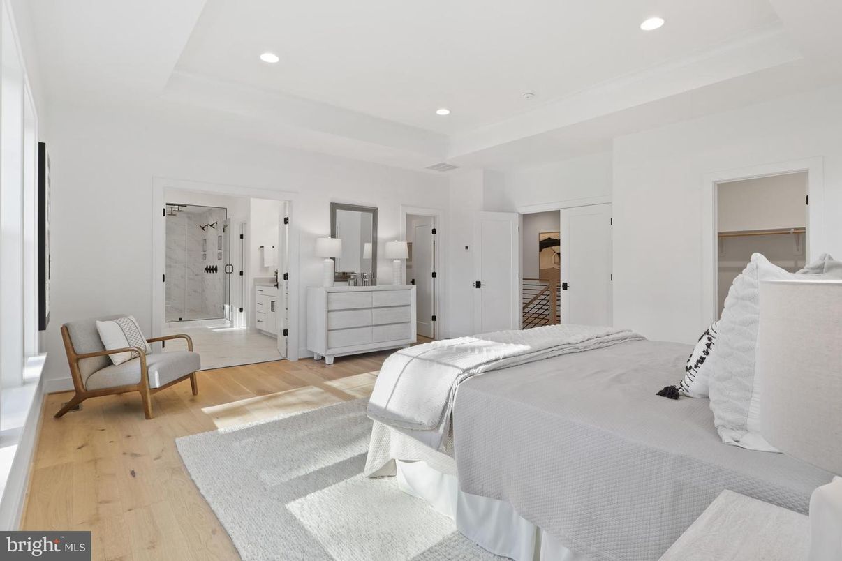 Bathroom, Bedroom, Glass Shower, Interior, Recessed Lighting, Wood Texture Flooring