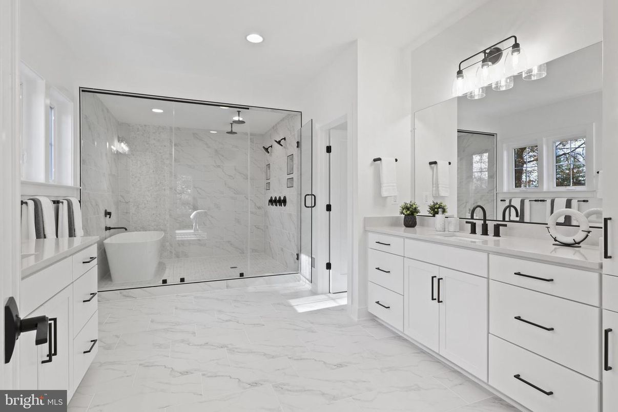 Bathroom, Dual Sink Vanities, Free Standing Baths, Glass Shower, Interior, Marble, Marble Walls, Recessed Lighting