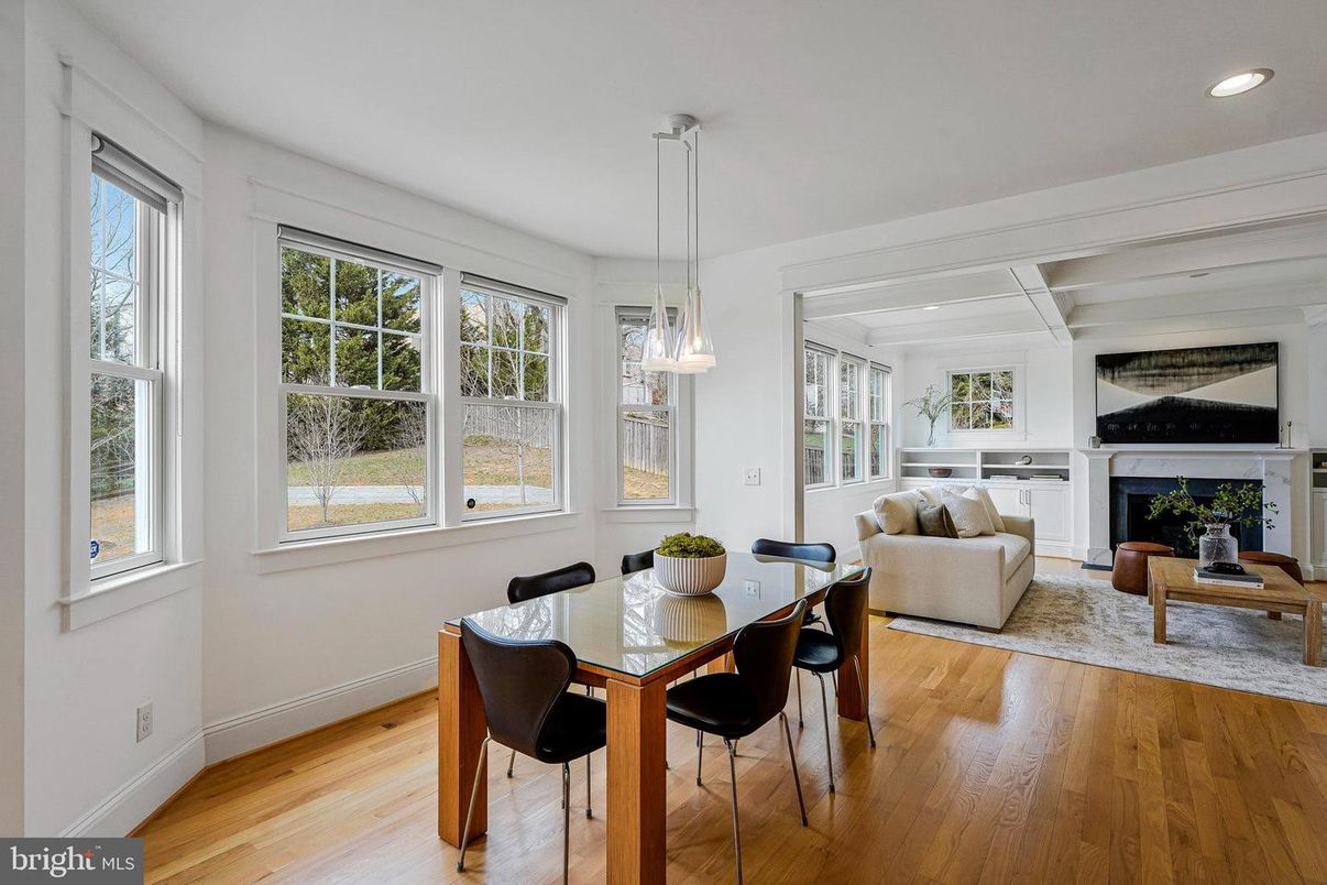 Dining room, Fireplace, Interior, Living room, Pendant Lights, Recessed Lighting, Wood Texture Flooring