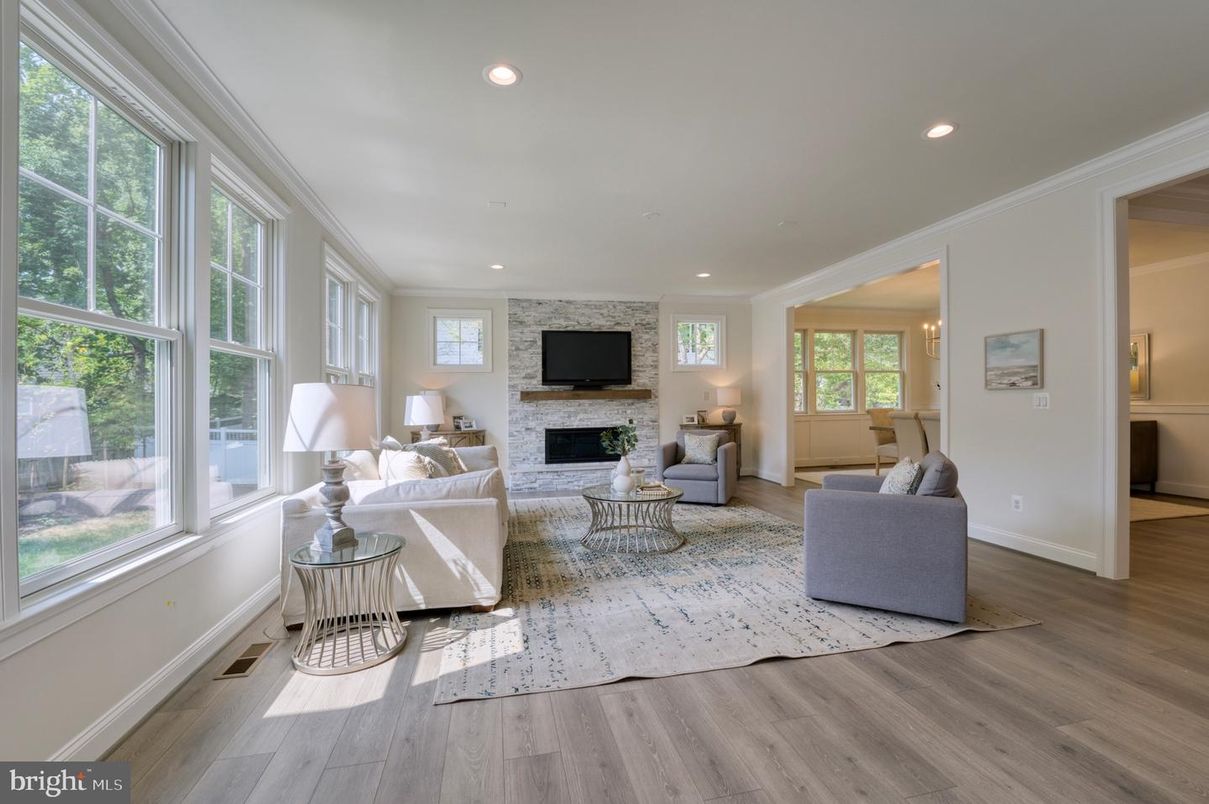 Fireplace, Interior, Living room, Recessed Lighting, Stone Walls, Wood Texture Flooring