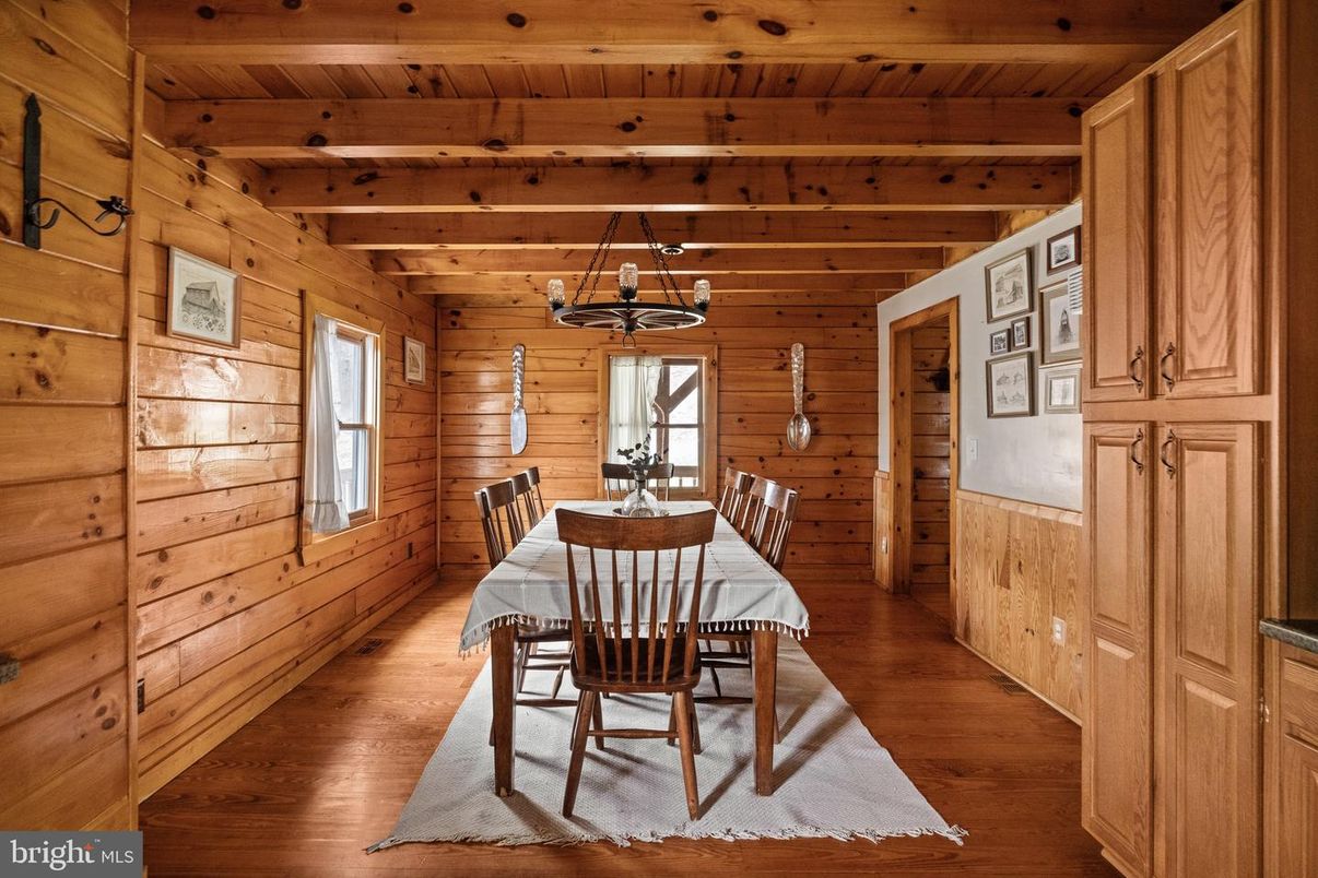 Dining room, Interior, Pendant Lights, Wooden Beams, Wooden Ceilings, Wood Texture Flooring, Wooden Walls