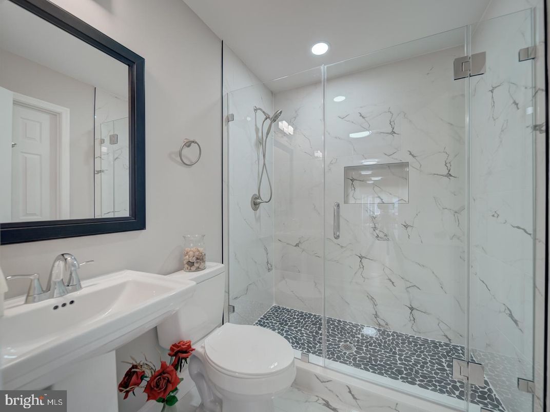 Bathroom, Glass Shower, Interior, Marble, Marble Walls, Recessed Lighting