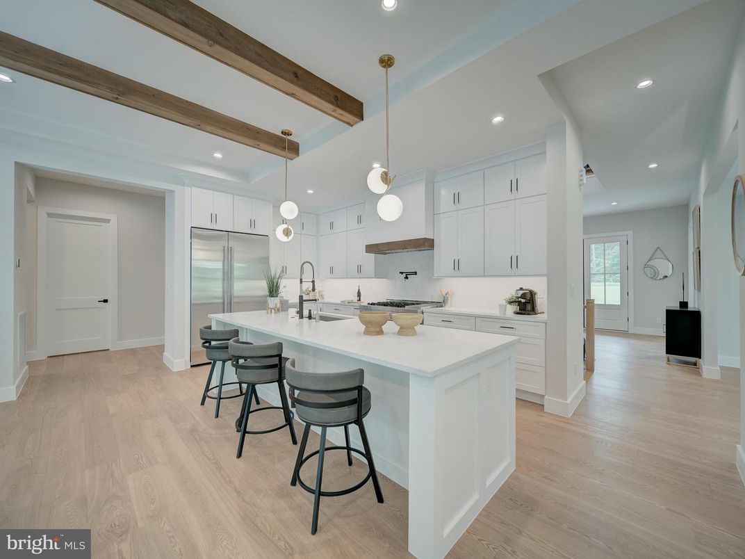 Interior, Kitchen, Pendant Lights, Recessed Lighting, Stainless Steel Appliances, Wooden Beams, Wood Texture Flooring