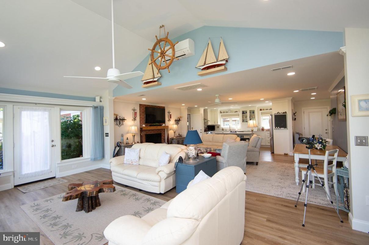 Dining room, Fireplace, Interior, Kitchen, Living room, Pendant Lights, Recessed Lighting, Wood Texture Flooring