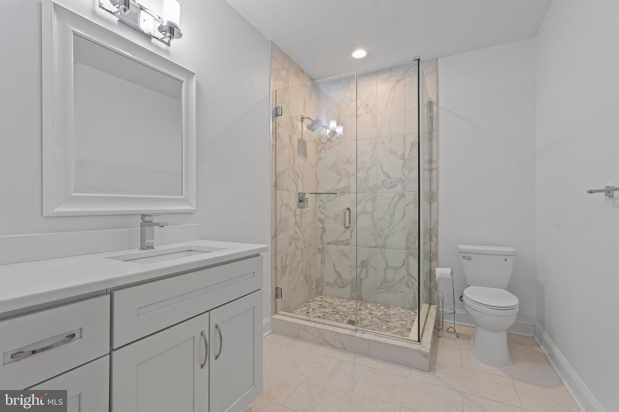 Bathroom, Glass Shower, Interior, Marble, Marble Walls, Recessed Lighting