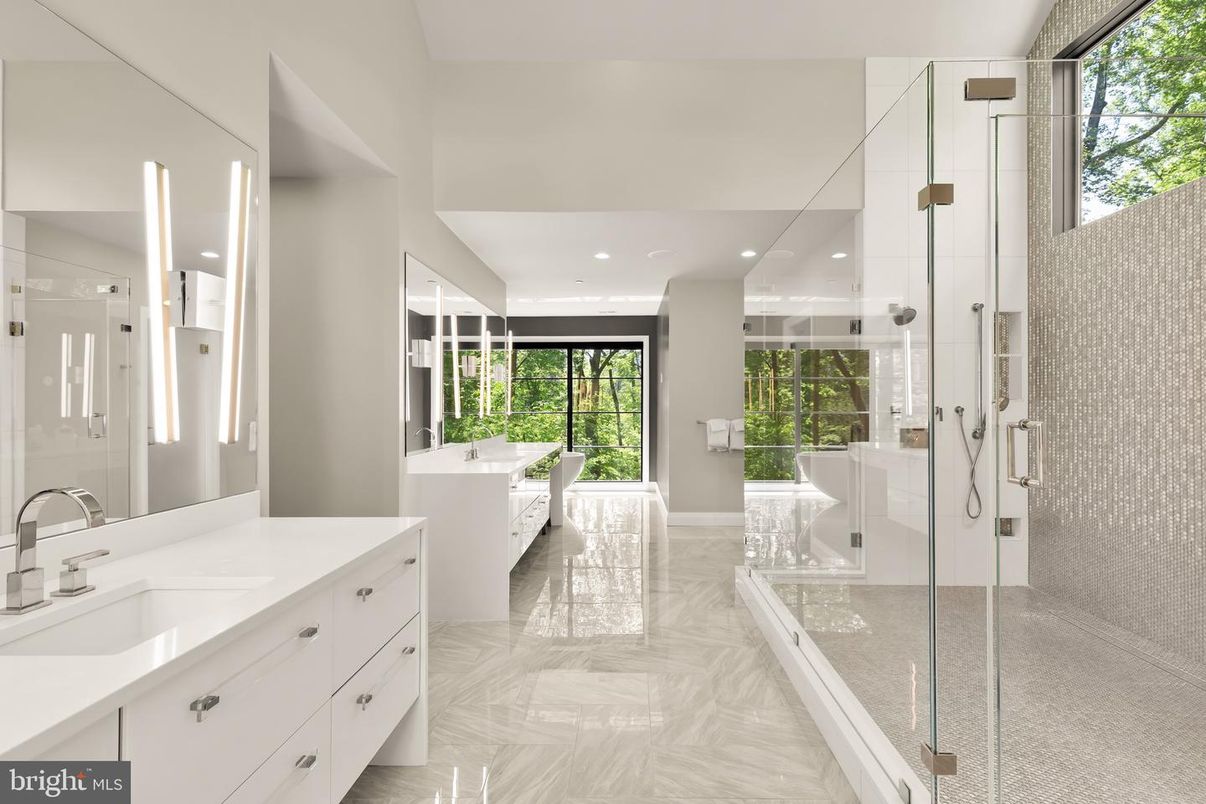 Bathroom, Dual Sink Vanities, Glass Shower, Interior, Recessed Lighting