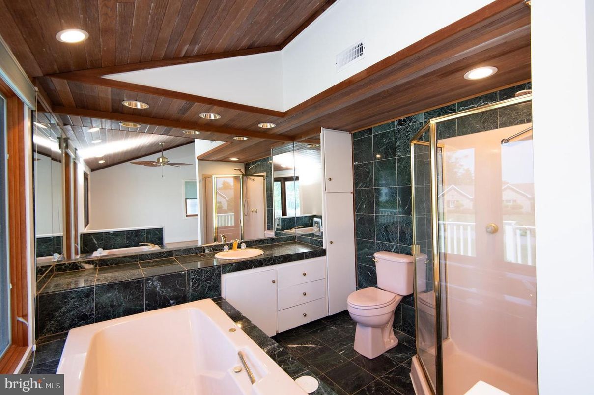 Bathroom, Dual Sink Vanities, Glass Shower, Interior, Recessed Lighting, Wooden Ceilings