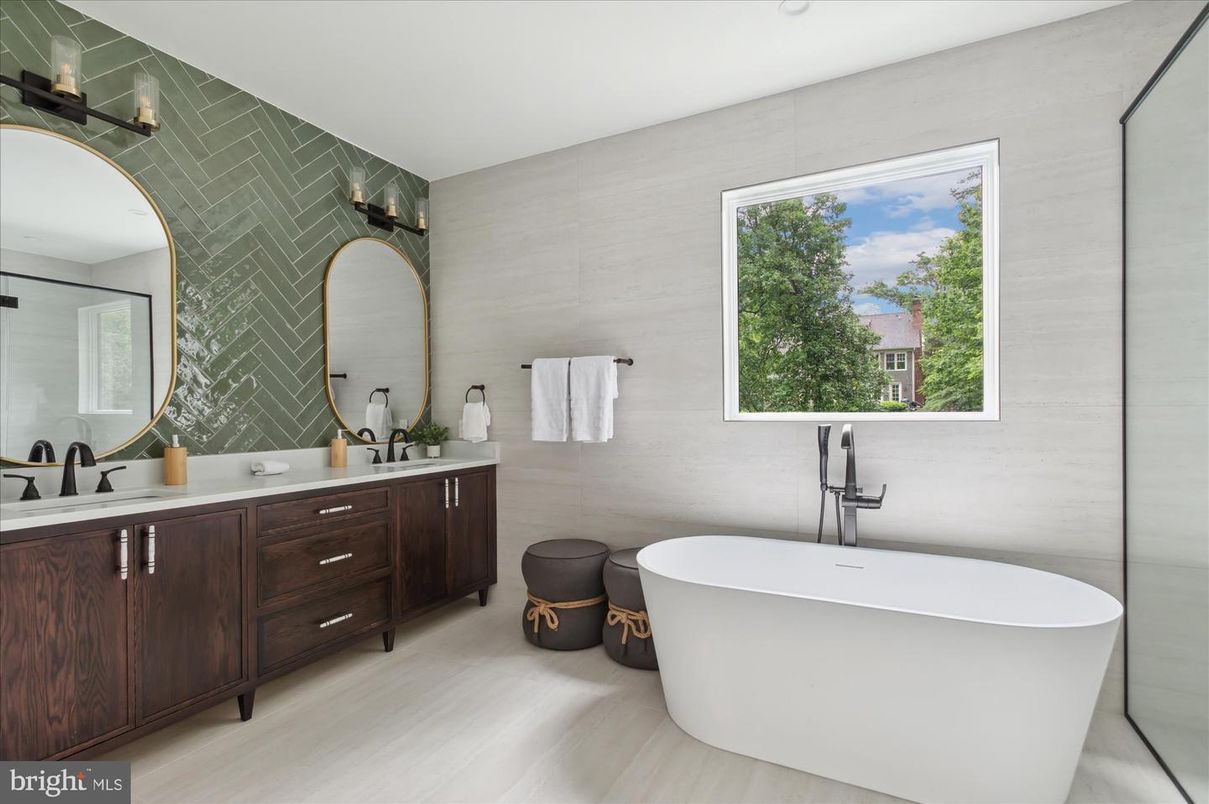 Bathroom, Dual Sink Vanities, Free Standing Baths, Interior, Wood Texture Flooring