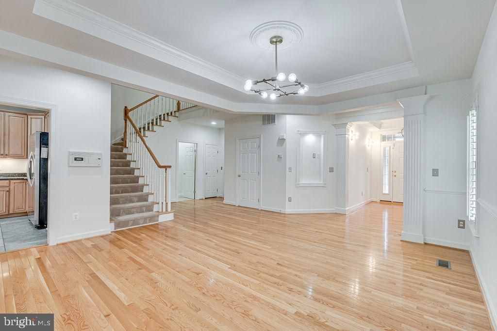 Chandelier, Empty room, Interior, Recessed Lighting, Wood Texture Flooring
