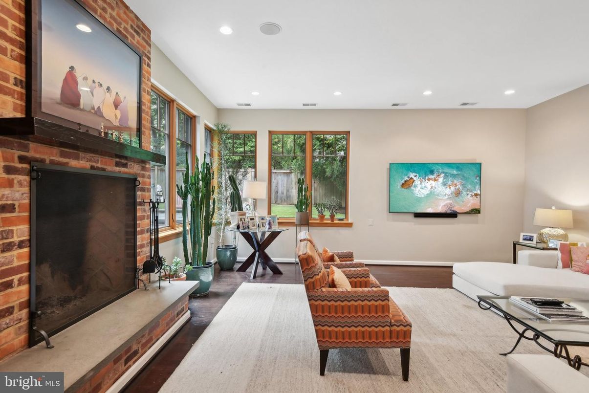 Fireplace, Interior, Living room, Recessed Lighting, Stone Walls, Wood Texture Flooring