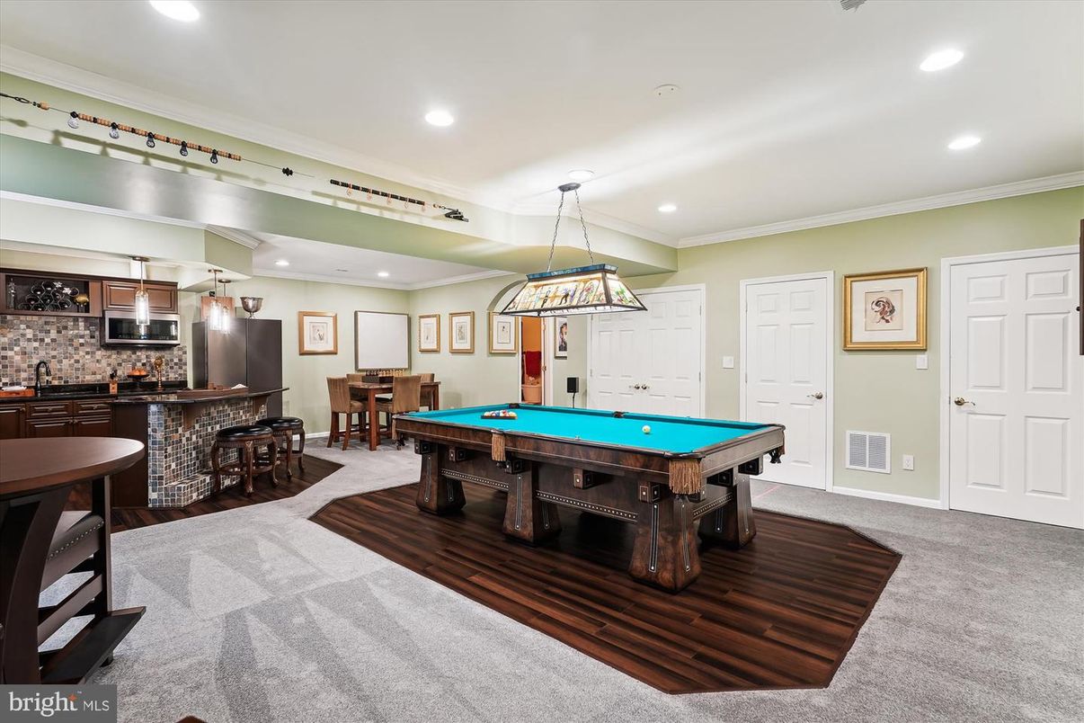 Billiard Table, Game Room, Interior, Pendant Lights, Recessed Lighting, Wood Texture Flooring