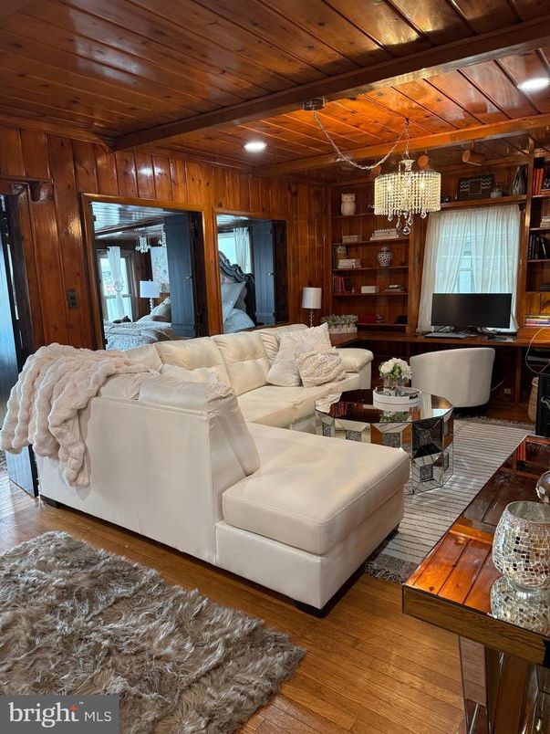 Chandelier, Interior, Living room, Recessed Lighting, Wooden Beams, Wooden Ceilings, Wood Texture Flooring, Wooden Walls