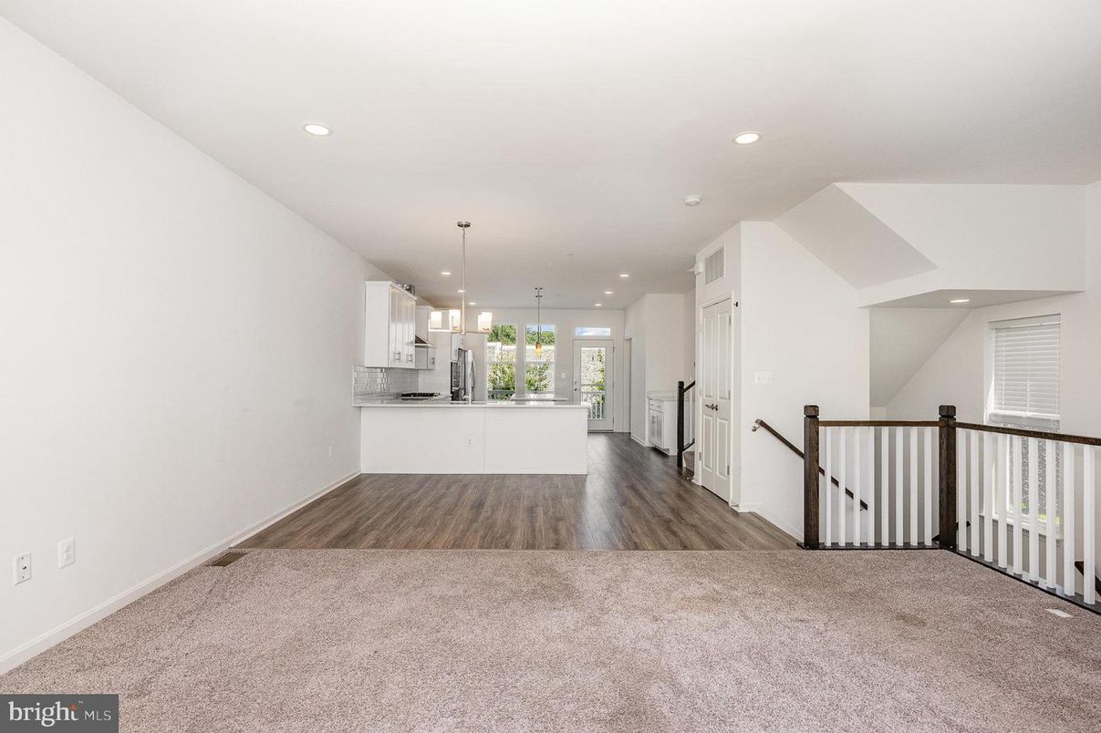 Empty room, Interior, Kitchen, Pendant Lights, Recessed Lighting, Wood Texture Flooring