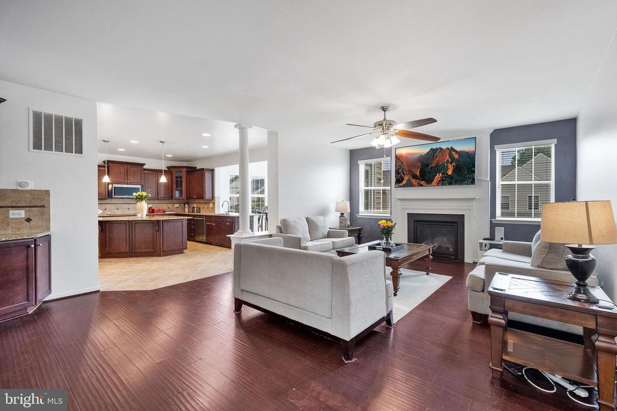 Fireplace, Interior, Kitchen, Living room, Pendant Lights, Recessed Lighting, Wood Texture Flooring