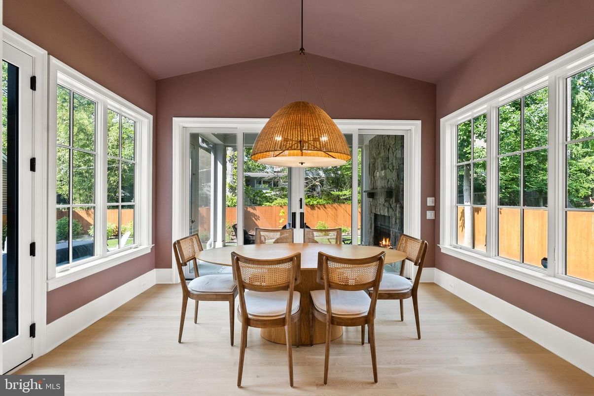 Dining room, Fireplace, Interior, Pendant Lights, Wood Texture Flooring