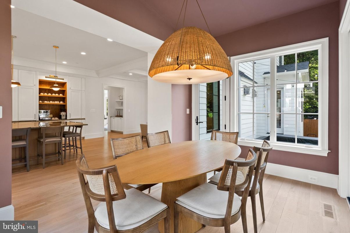 Dining room, Interior, Pendant Lights, Recessed Lighting, Wood Texture Flooring