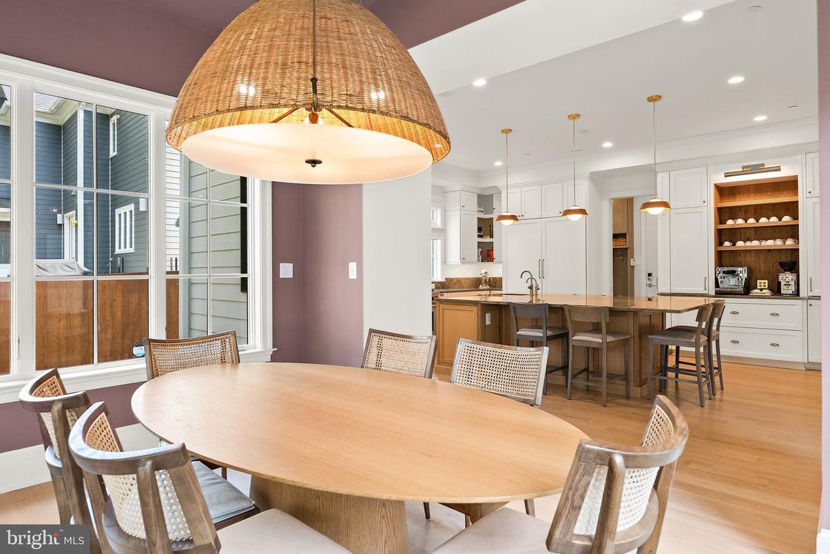 Dining room, Interior, Kitchen, Pendant Lights, Recessed Lighting, Wood Texture Flooring