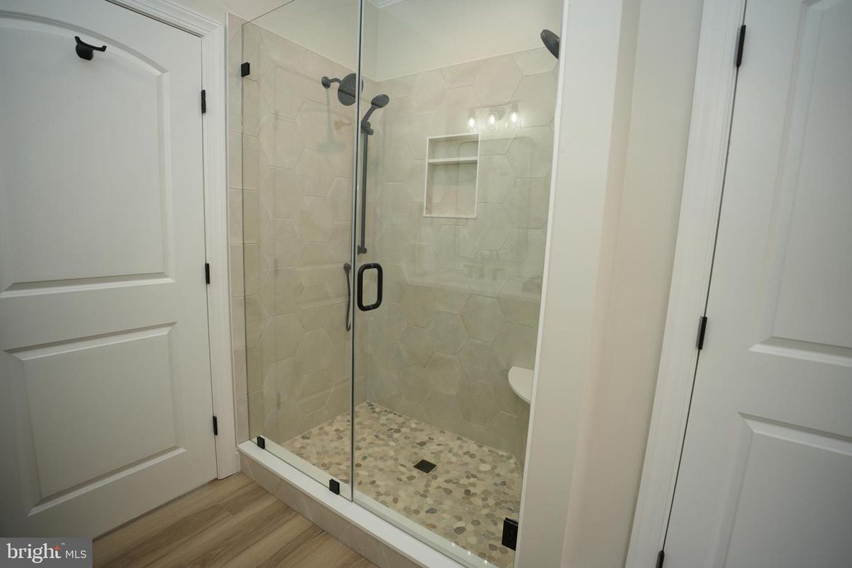 Bathroom, Glass Shower, Interior, Wood Texture Flooring