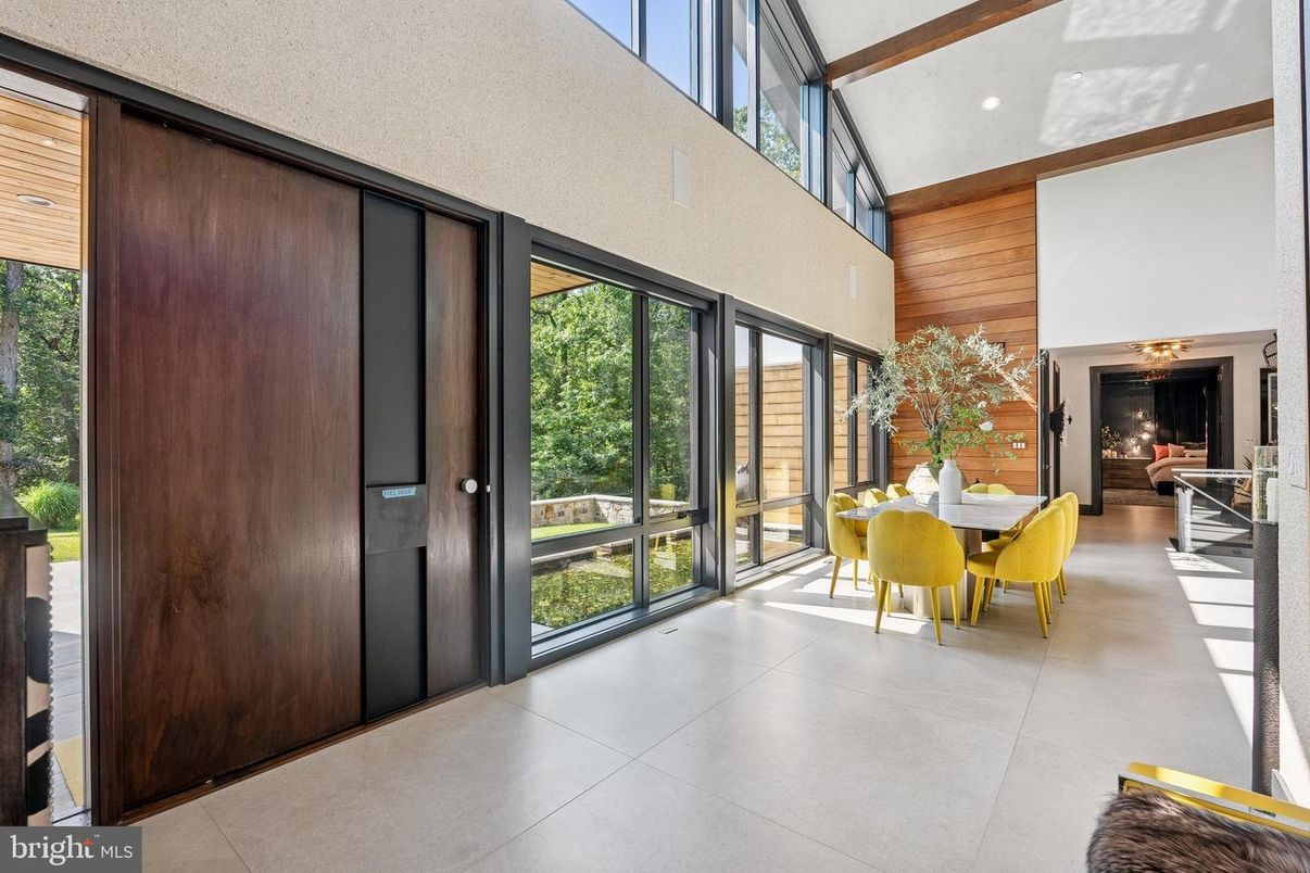 Dining room, Fireplace, Interior, Recessed Lighting, Wooden Walls
