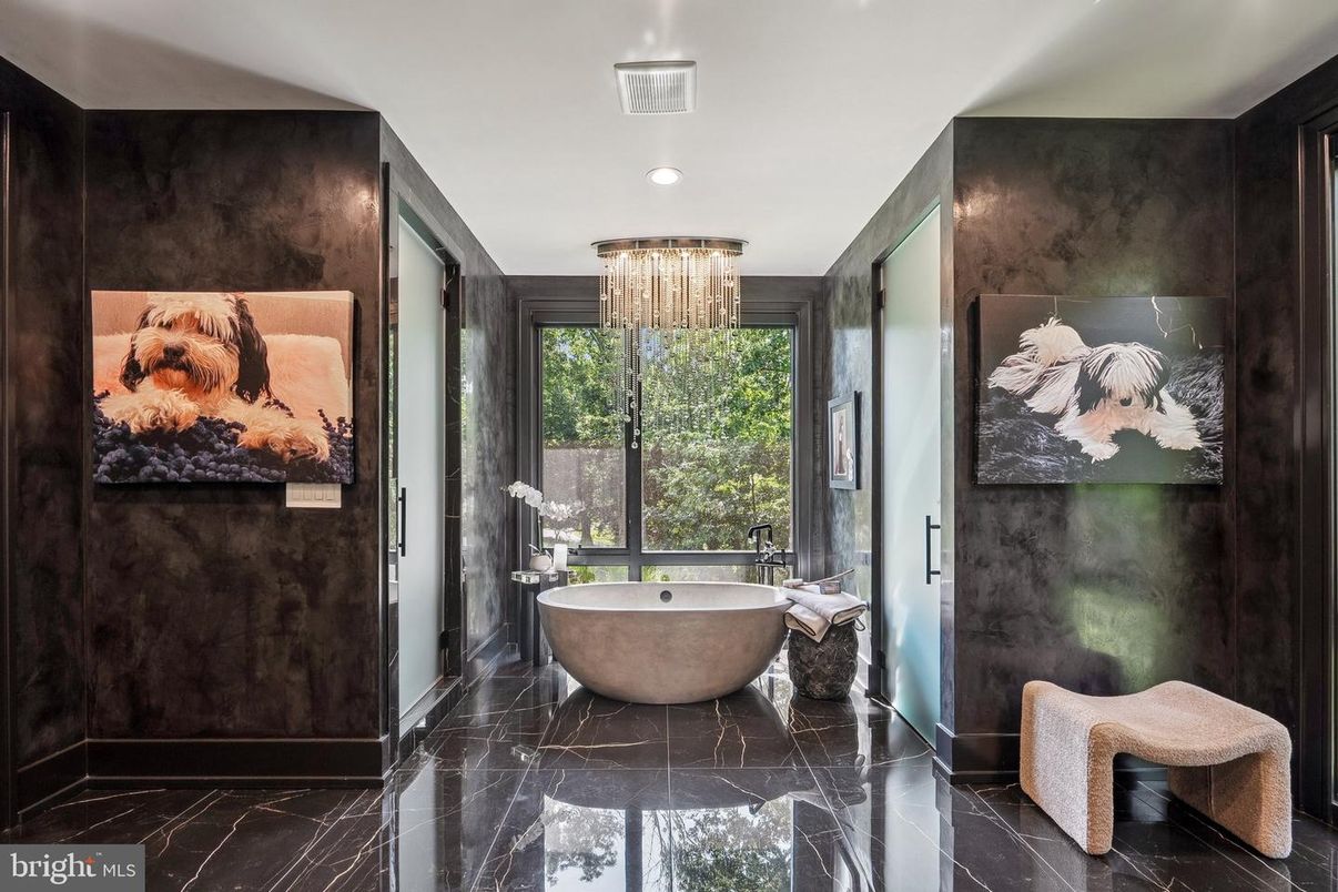 Bathroom, Chandelier, Free Standing Baths, Interior, Marble, Recessed Lighting