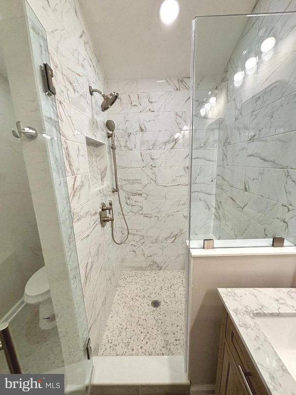 Bathroom, Glass Shower, Interior, Marble Walls, Recessed Lighting