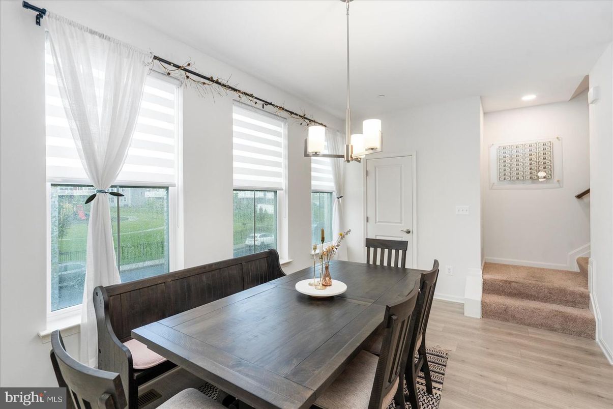 Dining room, Interior, Pendant Lights, Recessed Lighting, Wood Texture Flooring