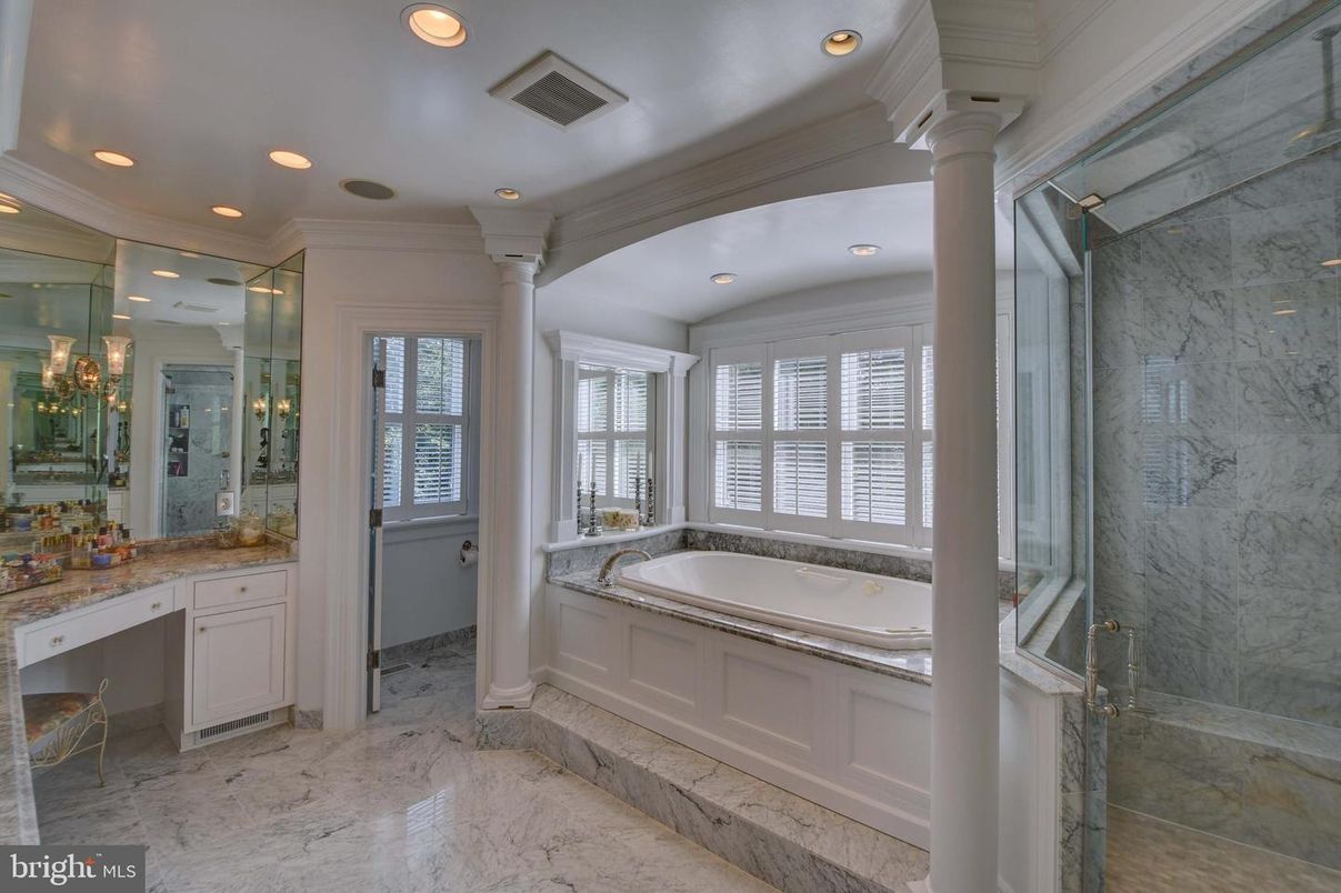 Bathroom, Glass Shower, Interior, Marble, Marble Walls, Recessed Lighting