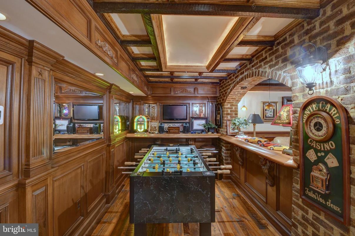 Home Office, Interior, Recessed Lighting, Stone Walls, Wooden Beams, Wood Texture Flooring, Wooden Walls