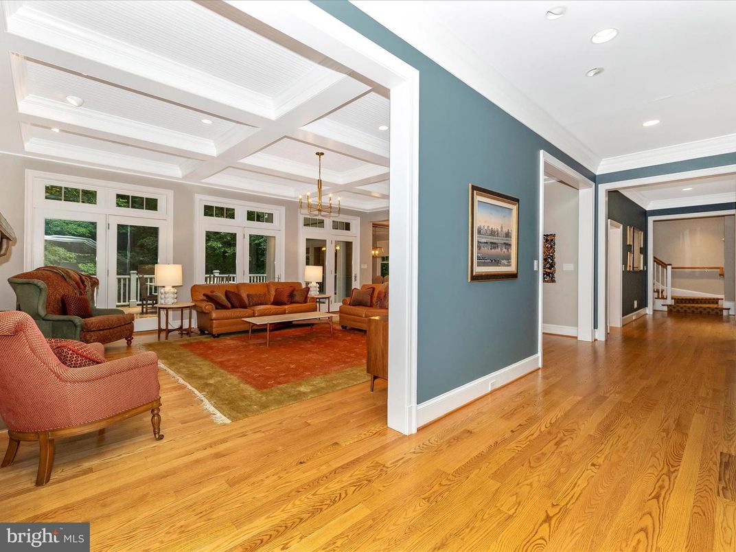 Chandelier, Interior, Living room, Recessed Lighting, Wood Texture Flooring