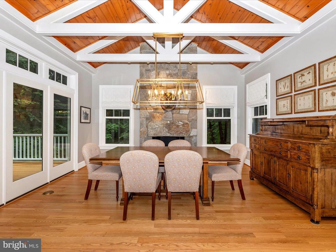 Chandelier, Dining room, Fireplace, Interior, Wooden Ceilings, Wood Texture Flooring