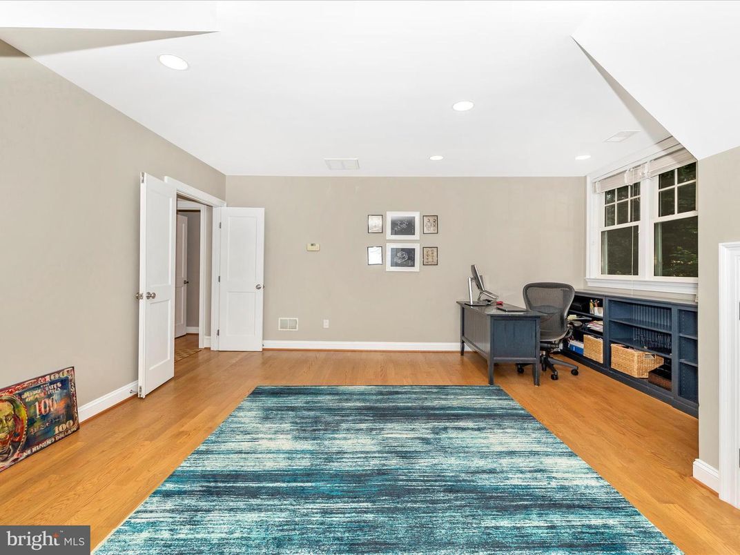 Fireplace, Home Office, Interior, Recessed Lighting, Wood Texture Flooring