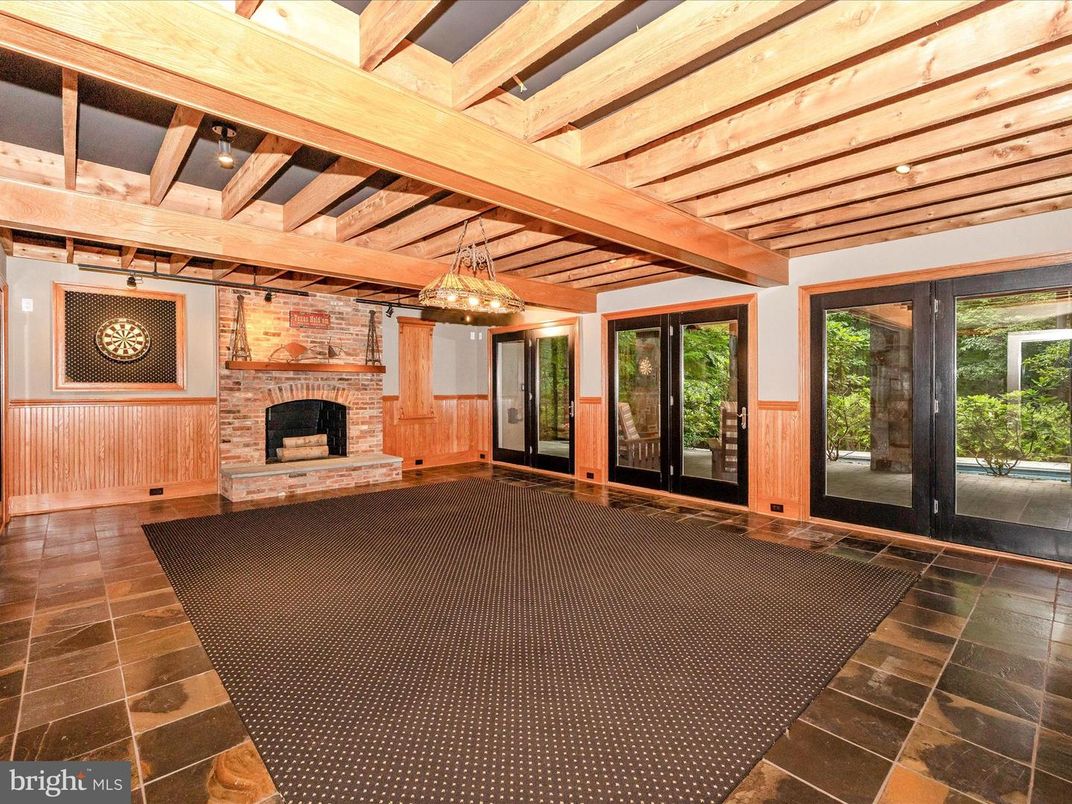 Fireplace, Interior, Pendant Lights, Stone Walls, Wooden Beams