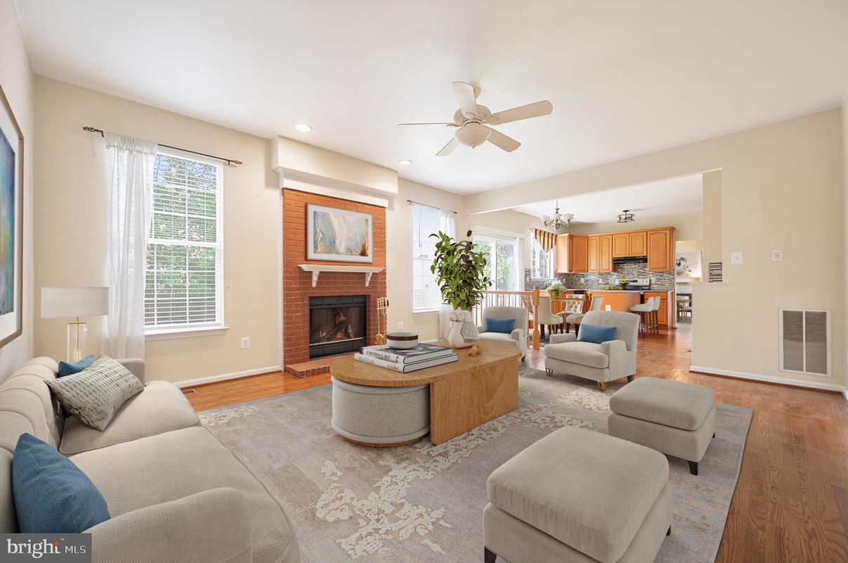 Dining room, Fireplace, Interior, Kitchen, Living room, Recessed Lighting, Wood Texture Flooring