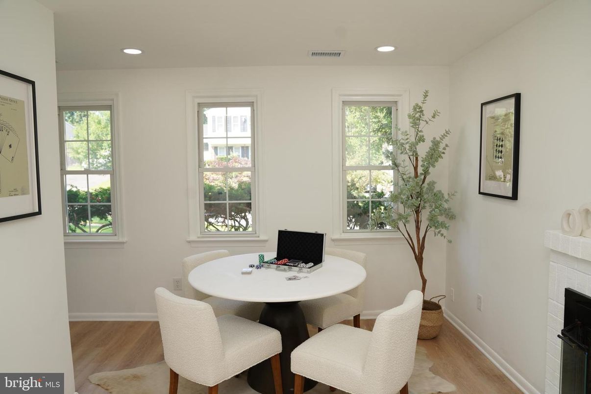 Fireplace, Home Office, Interior, Recessed Lighting, Wood Texture Flooring