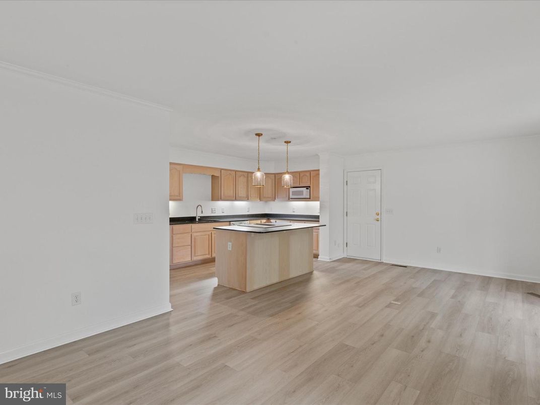 Empty room, Interior, Kitchen, Pendant Lights, Stainless Steel Appliances, Wood Texture Flooring