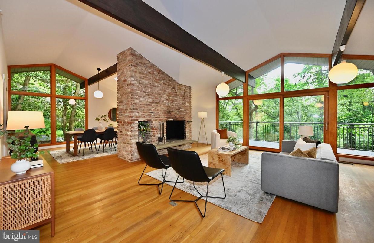 Dining room, Fireplace, Interior, Living room, Stone Walls, Wood Texture Flooring