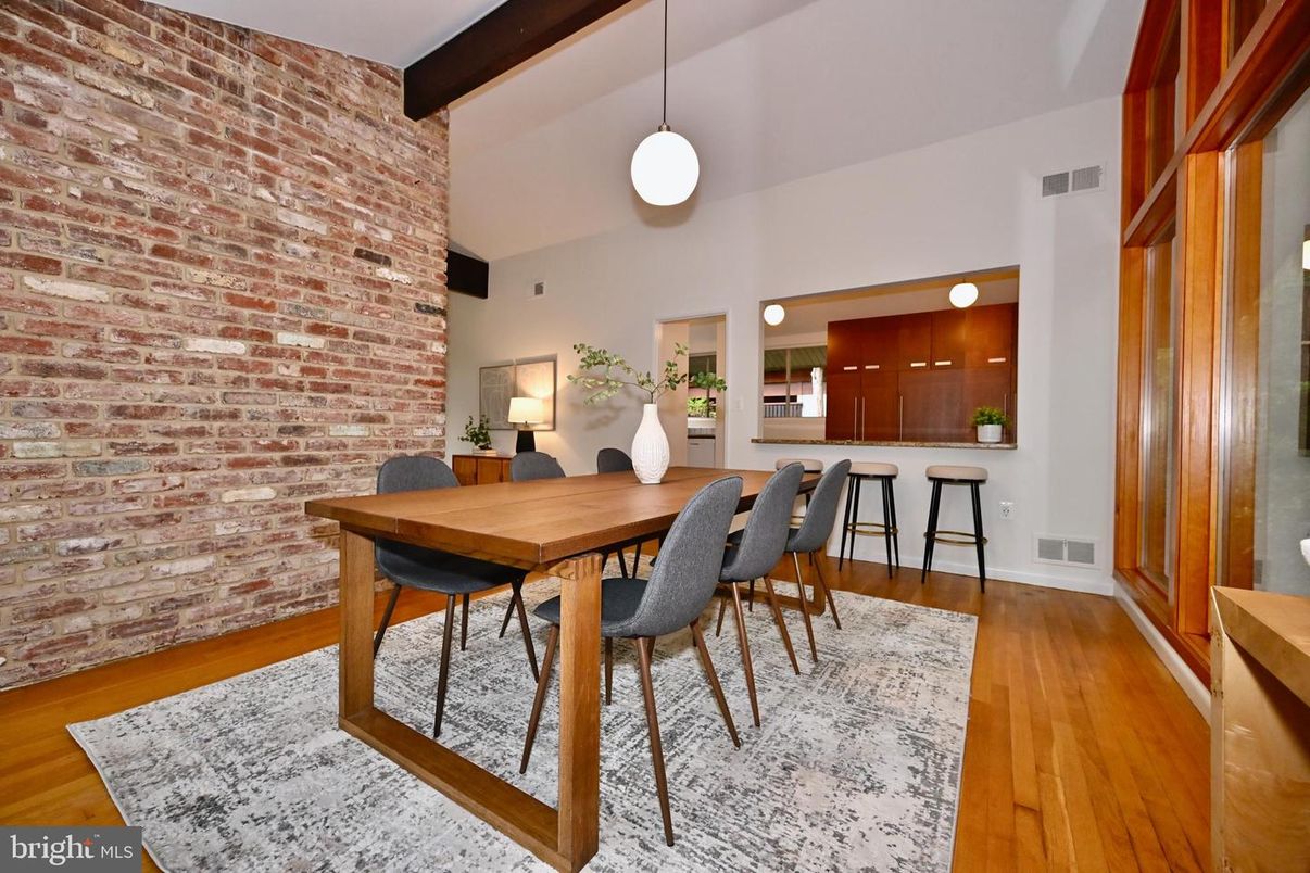 Dining room, Interior, Pendant Lights, Stone Walls, Wood Texture Flooring