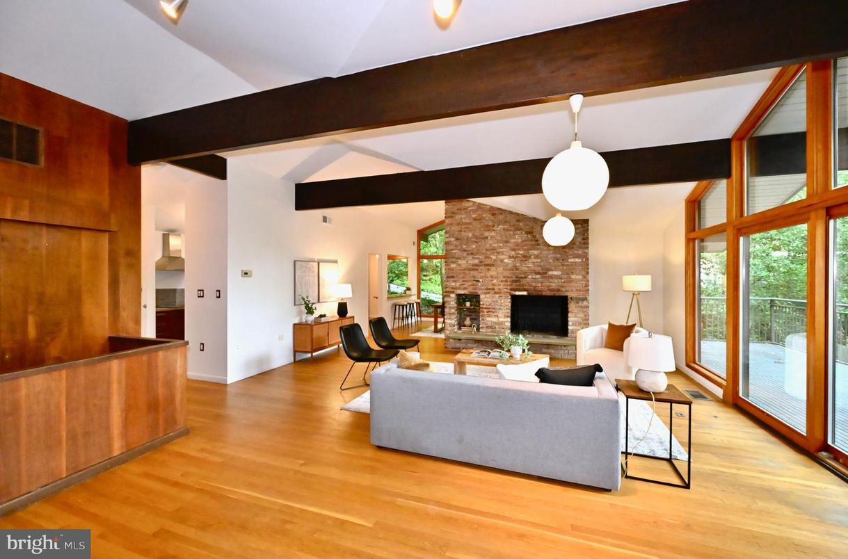 Fireplace, Interior, Living room, Pendant Lights, Stone Walls, Wooden Beams, Wood Texture Flooring