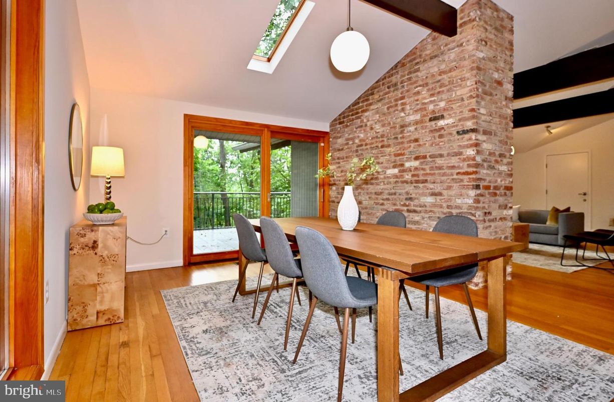 Dining room, Interior, Pendant Lights, Stone Walls, Wooden Beams, Wood Texture Flooring