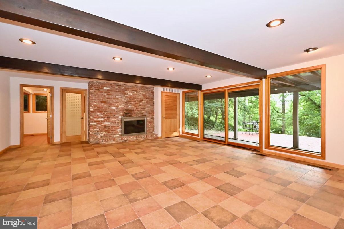Empty room, Fireplace, Interior, Recessed Lighting, Stone Walls