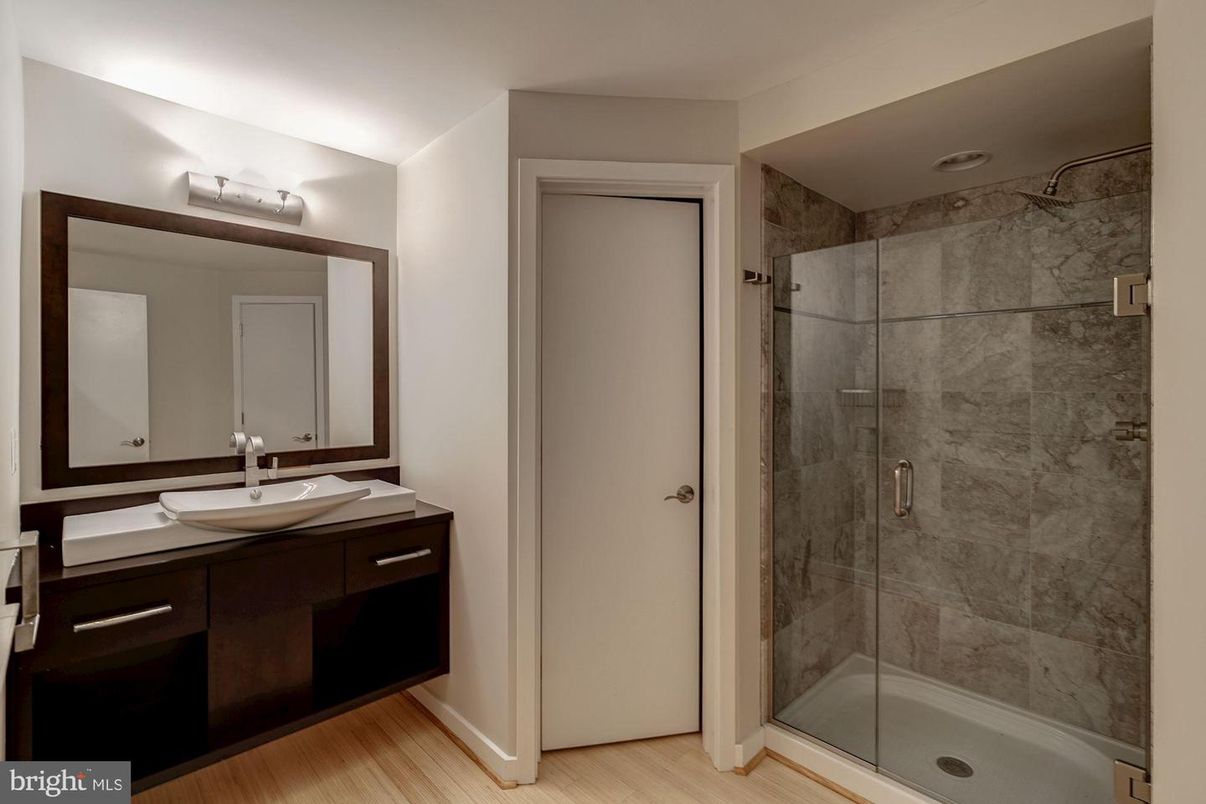 Bathroom, Glass Shower, Interior, Wood Texture Flooring