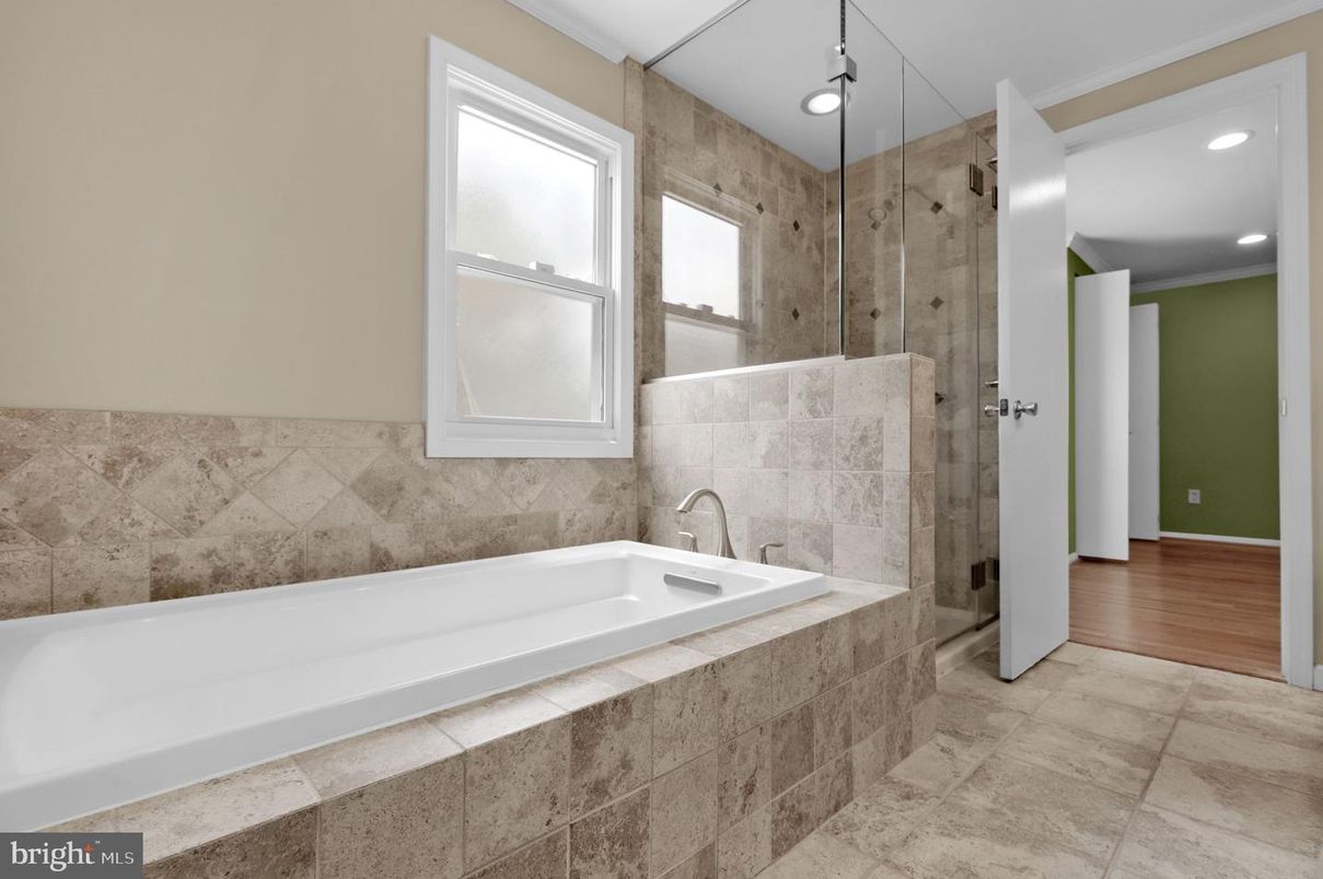 Bathroom, Glass Shower, Interior, Recessed Lighting, Wood Texture Flooring