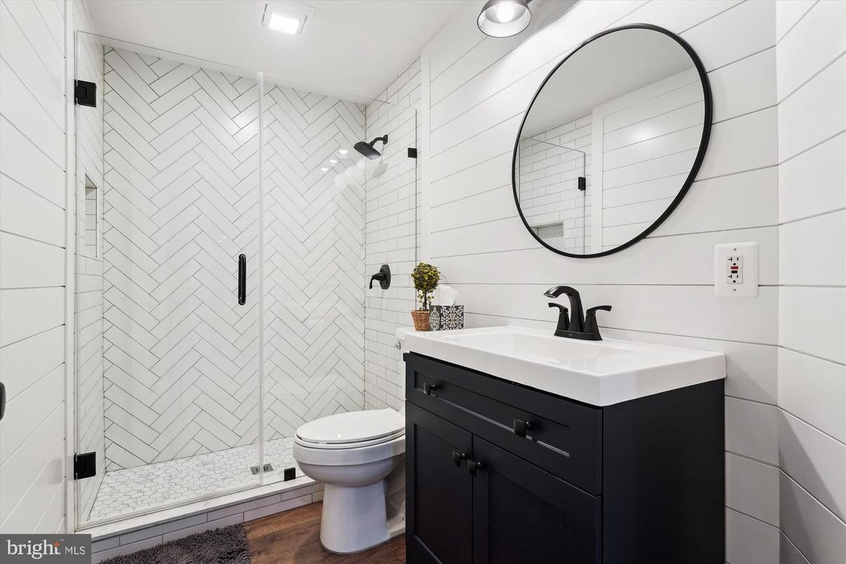 Bathroom, Glass Shower, Interior, Recessed Lighting, Wood Texture Flooring
