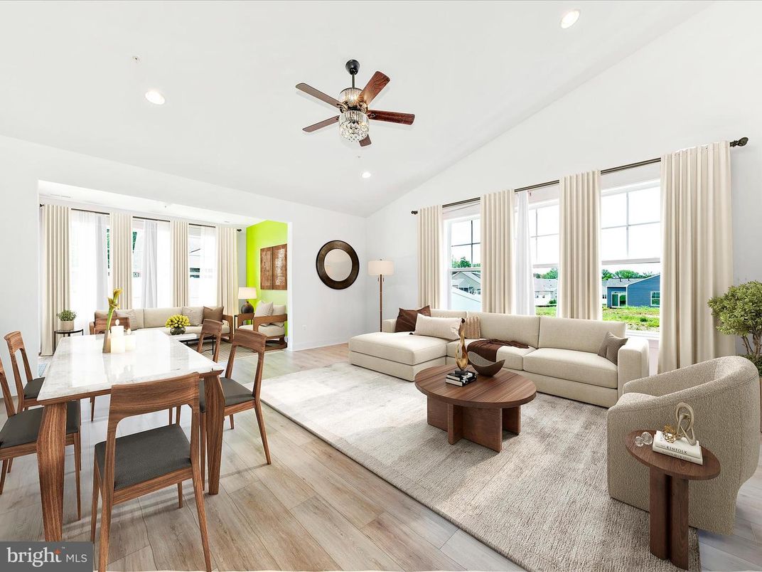 Dining room, Interior, Living room, Recessed Lighting, Wood Texture Flooring